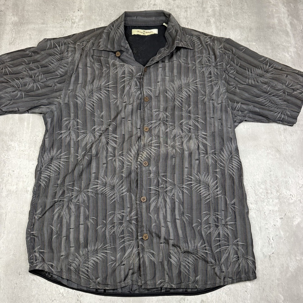 Tommy Bahama Shirt Mens S Gray Silk Blend Hawaiian AOP Palm Tree Embroidered